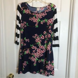 HerShe Cherry Blossom Dress with Striped Sleeves. Size M